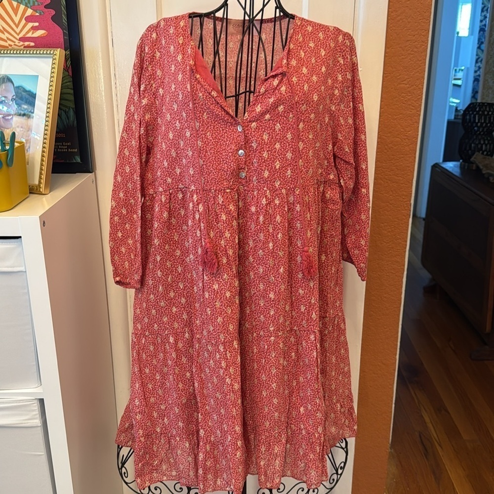 Scandal Italy Ordell Boho Tiered Pink Gold Long Sleeve Dress-Sz L